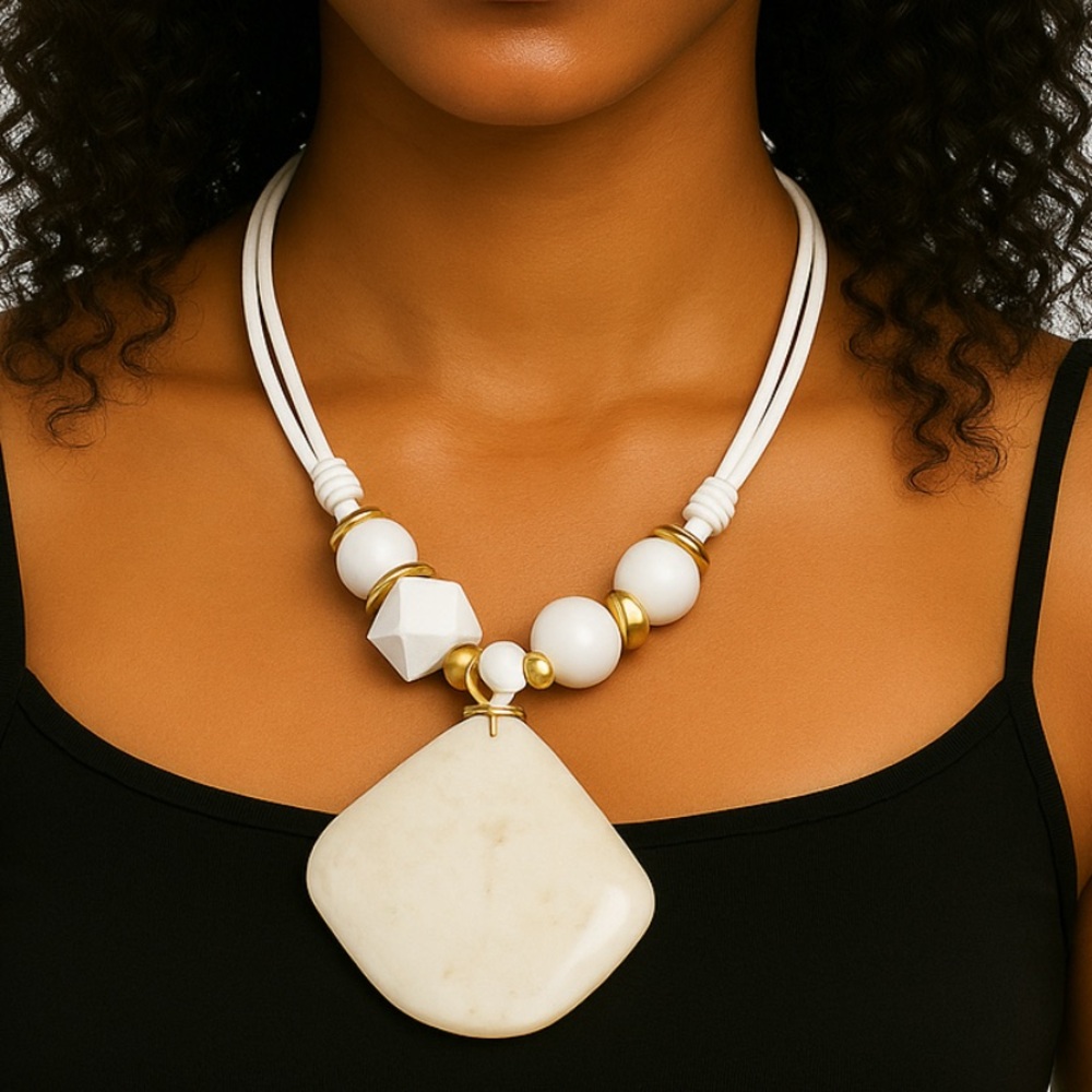 Chunky White Beaded and Gold Bohemian Necklace